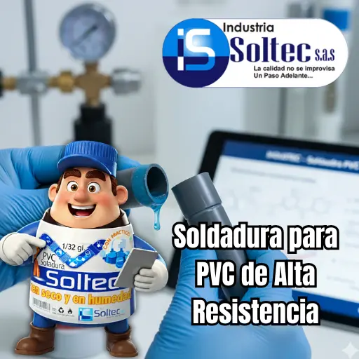 Soldadura para PVC líquida de grado industrial Industria Soltec aplicada en tubería gris.